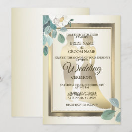 Invitación Flores de Hojas Verdes Marco Dorado Boda Elegante