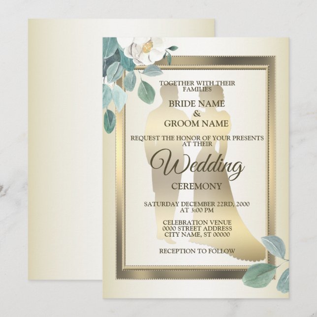 Invitación Flores de Hojas Verdes Marco Dorado Boda Elegante (Anverso / Reverso)