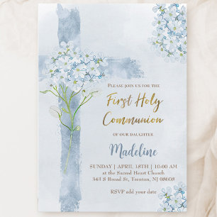 Invitación flores de Hortensia azules cruz Primera Comunión