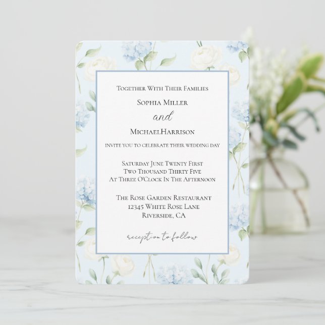 Invitación Flores de Hortensia Azules Hermosas Boda (Anverso de pie)