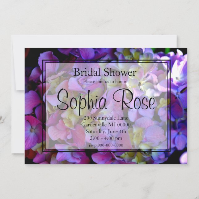 Invitación Flores de Hydrangeas azul morado (Anverso)