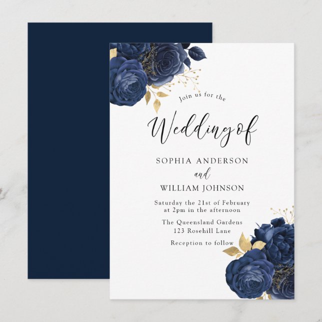 Invitación Flores de Índigo de Marina Elegante Boda de Todas  (Anverso / Reverso)
