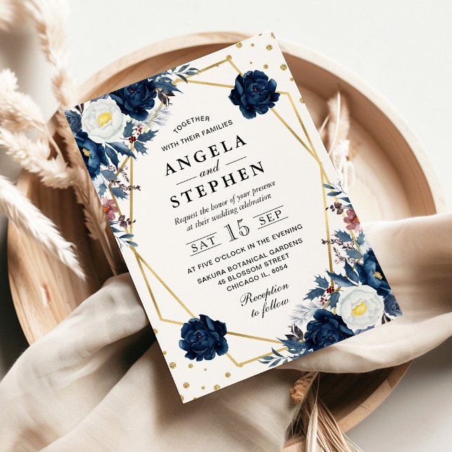 Invitación Flores de invierno azules y blancas boda con marco (Subido por el creador)