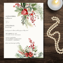 Invitación Flores de invierno elegantes, bayas y boda de pino