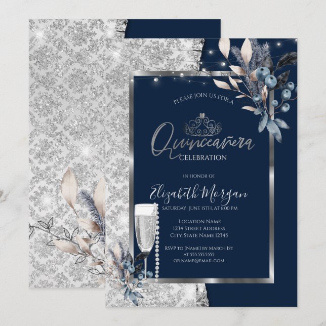 Invitación Flores de invierno, marina de perlas de vidrio Qui (Anverso / Reverso)