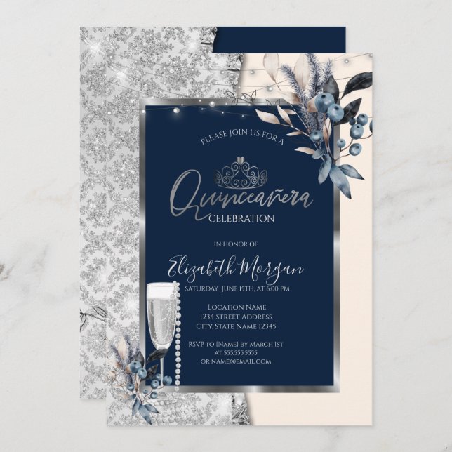 Invitación Flores de invierno, Quinceañera azul de la marina  (Anverso / Reverso)