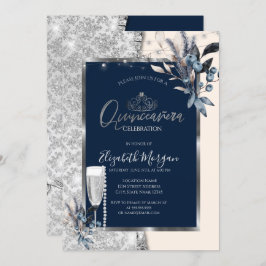 Invitación Flores de invierno, Quinceañera azul de la marina 