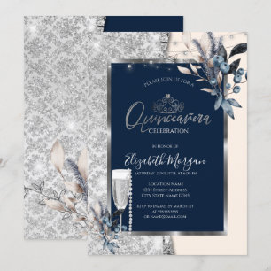 Invitación Flores de invierno, Quinceañera azul de la marina 