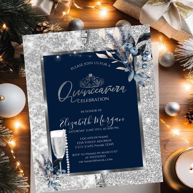 Invitación Flores de invierno,Quinceañera azul de perlas de v (Subido por el creador)