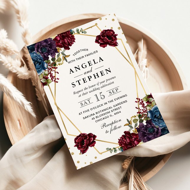 Invitación Flores de invierno rojas y azules marco dorado bod (Subido por el creador)