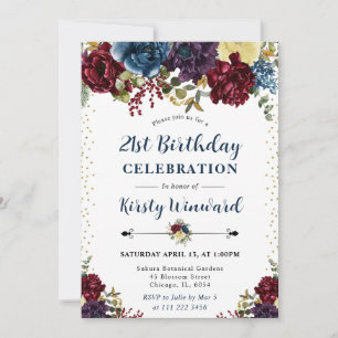 Invitación Flores de invierno rojas y azules marino Cumpleaño