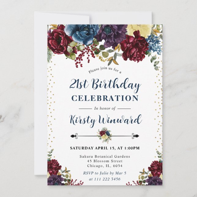Invitación Flores de invierno rojas y azules marino Cumpleaño (Anverso)