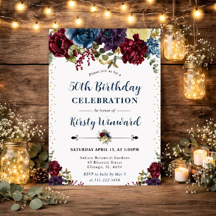 Invitación Flores de invierno rojas y azules marino Cumpleaño
