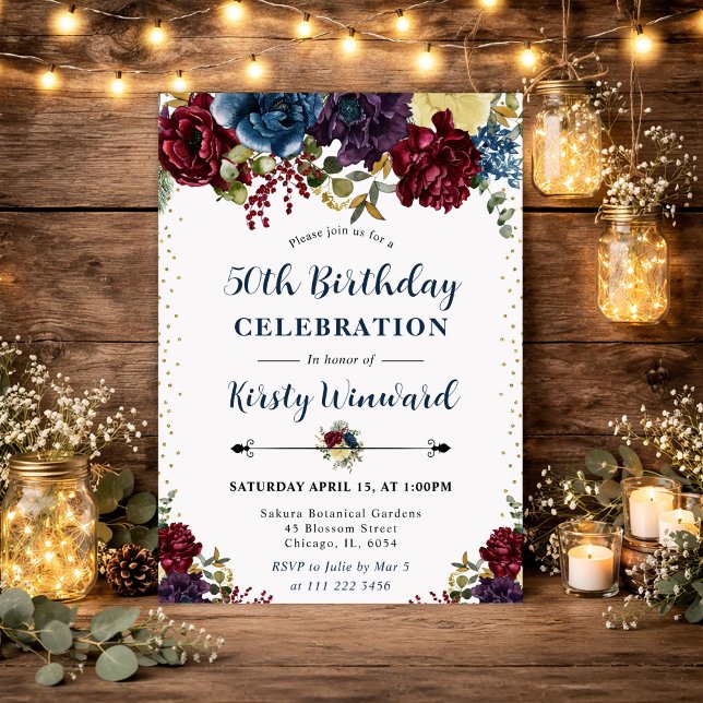 Invitación Flores de invierno rojas y azules marino Cumpleaño (Subido por el creador)