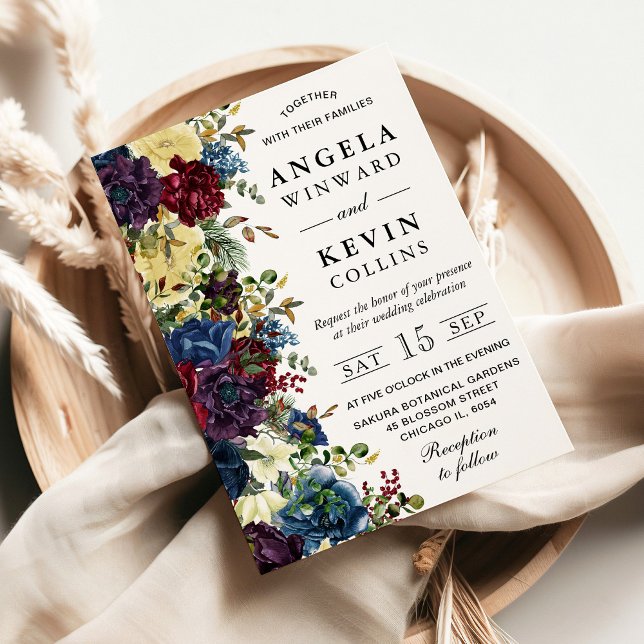 Invitación Flores de invierno rojas y azules marino para boda (Subido por el creador)