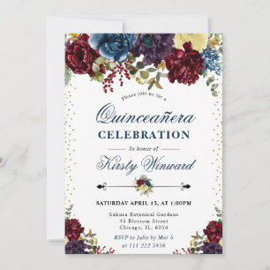Invitación Flores de invierno rojas y azules marino Quinceañe