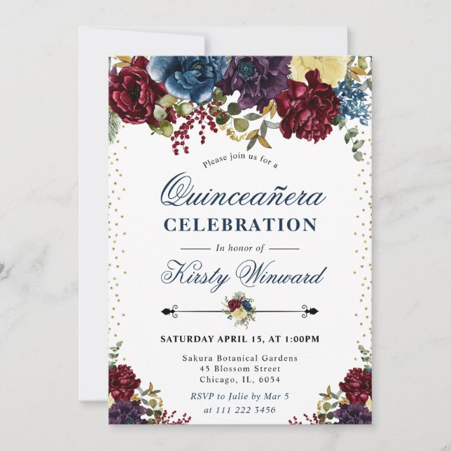 Invitación Flores de invierno rojas y azules marino Quinceañe (Anverso)