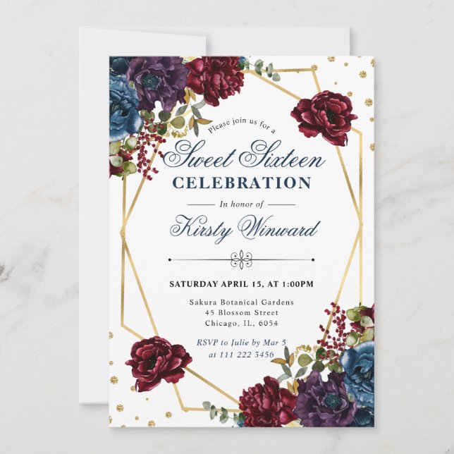 Invitación Flores de invierno rojas y azules y marco Dulces 1 (Anverso)
