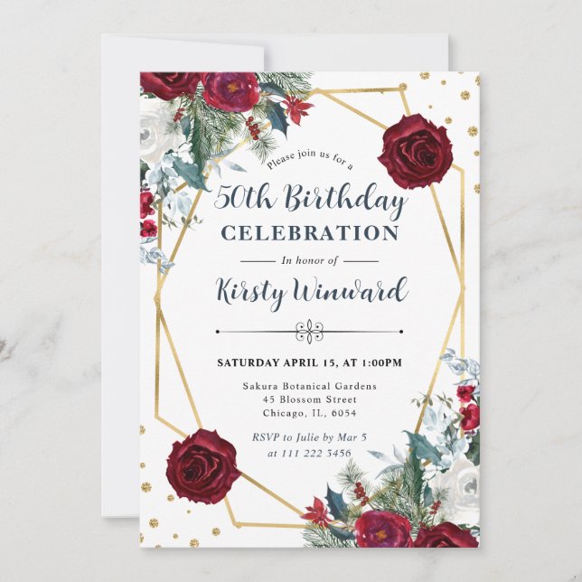 Invitación Flores de invierno rojas y blancas marco 50 cumple (Anverso)