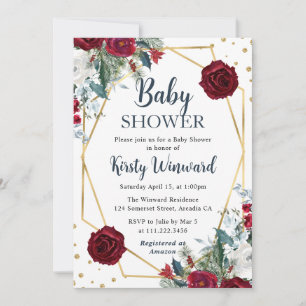 Invitación Flores de invierno rojas y blancas marco Baby Show