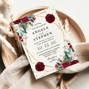 Invitación Flores de Invierno Rojas y Blancas Marco Dorado Bo