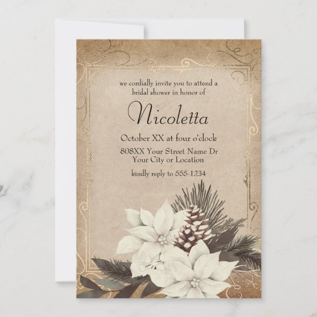 Invitación Flores de invierno viejas en un pergamino florido (Anverso)