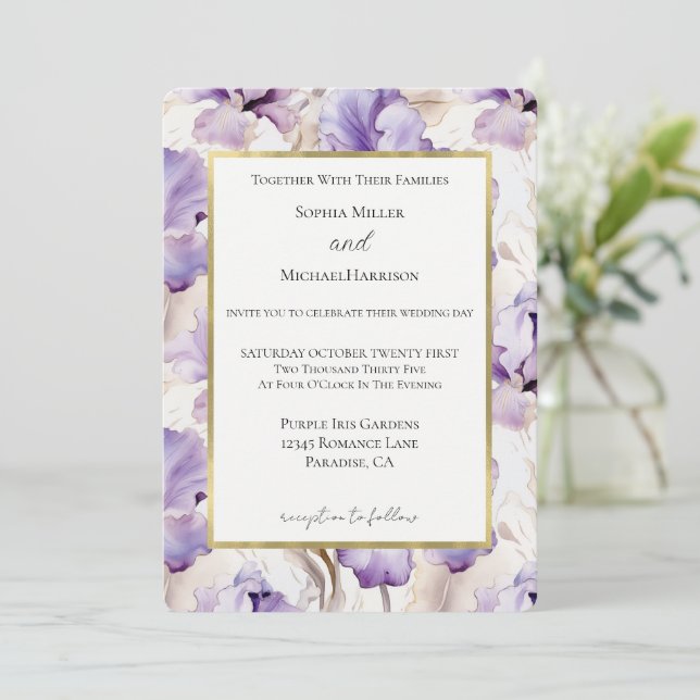 Invitación Flores de Iris Crema Púrpura Lavanda Boda (Anverso de pie)