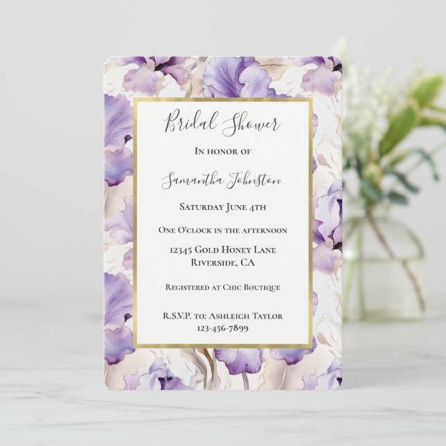 Invitación Flores de Iris Crema Púrpura Lavanda para Despedid (Anverso de pie)