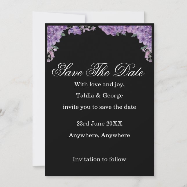 Invitación Flores de Jacaranda Negras y Moradas Guardar la Fe (Anverso)