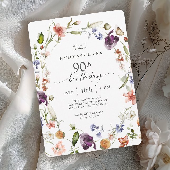 Invitación Flores de Jardín Botánico Escritura 90 Cumpleaños (Available in both printed and instant download digital formats.)