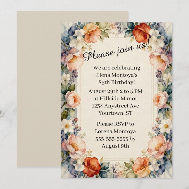 Invitación Flores de jardín campestre para cumpleaños de adul (Anverso / Reverso)