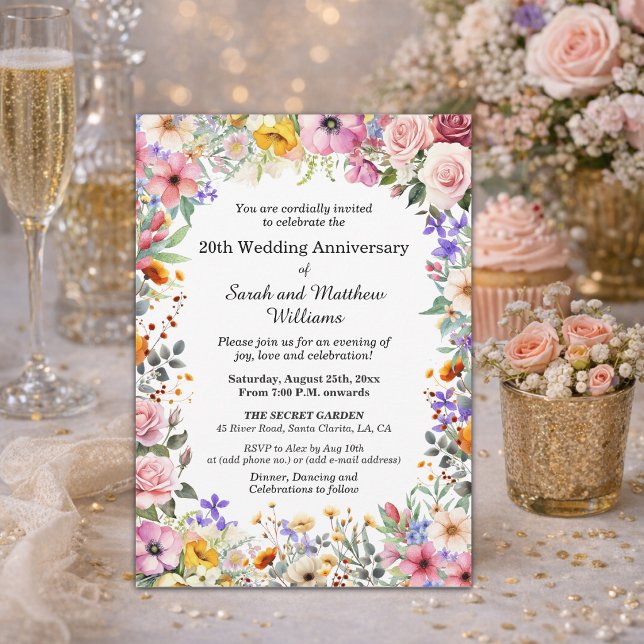 Invitación Flores de jardín chic 20º aniversario de bodas (Subido por el creador)