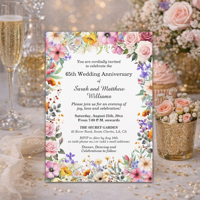 Invitación Flores de jardín chic 65º aniversario de bodas (Subido por el creador)