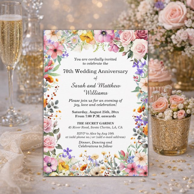 Invitación Flores de jardín chic 70º aniversario de bodas (Subido por el creador)