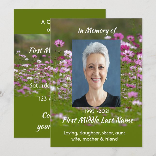 Invitación Flores de jardín Cosmos Celebración del servicio d (Anverso / Reverso)