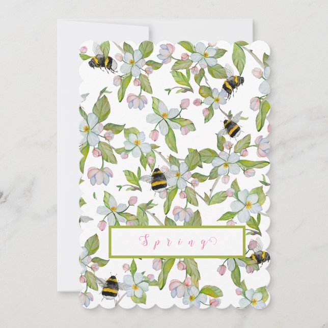 Invitación Flores de jardín de primavera y abejorros (Anverso)