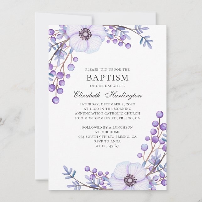 Invitación Flores de jardín morado. Bautismo floral violento (Anverso)