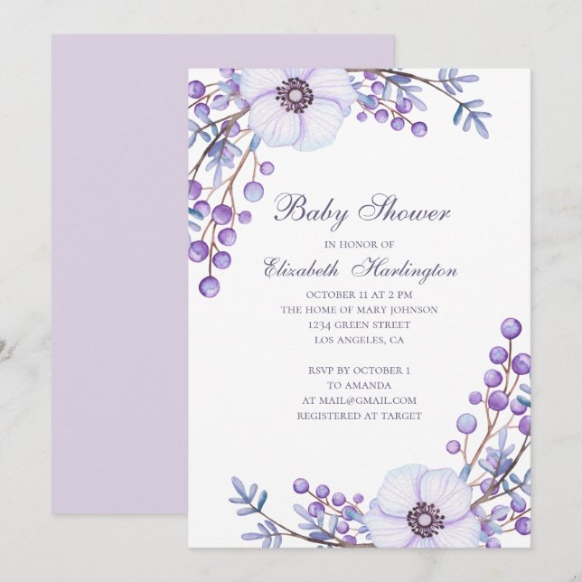 Invitación Flores de jardín morado. Ducha de bebé violeta con (Anverso / Reverso)