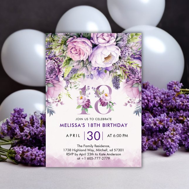 Invitación Flores de jardín morado y rosa 18 cumpleaños (Purple & Pink Garden Flowers 18th Birthday Invitation)