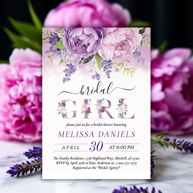 Invitación Flores de jardín morado y rosa Chica de ducha de n (Purple & Pink Garden Flowers Bridal Shower Girl Invitation)
