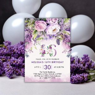 Invitación Flores de jardín morado y rosado 16º cumpleaños