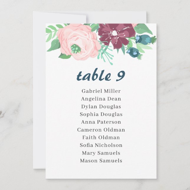 Invitación Flores de jardín. Número de tabla floral con asien (Anverso)