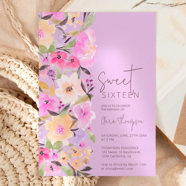Invitación Flores de jardín pintadas acuarela Dulce 16 (Subido por el creador)