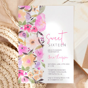 Invitación Flores de jardín pintadas acuarela Dulce 16