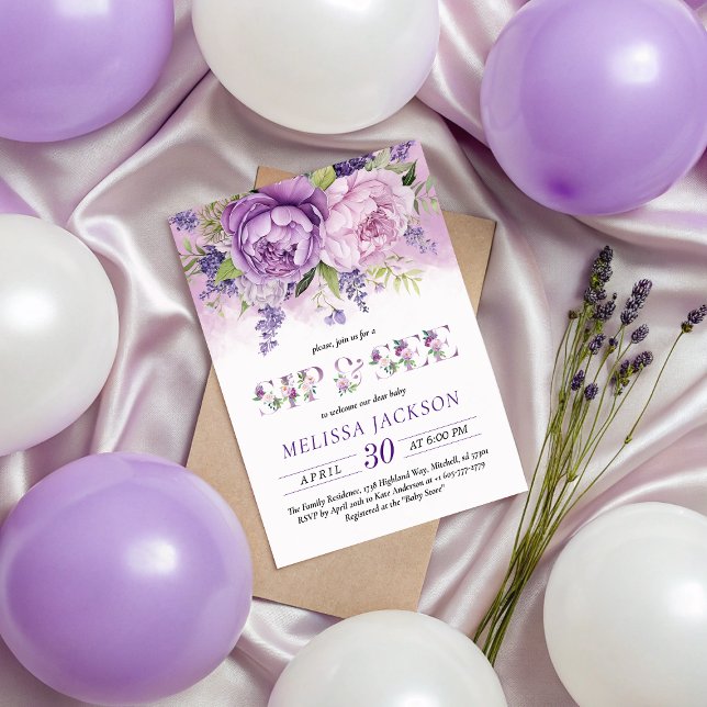 Invitación Flores De Jardín Púrpura Y Rosa Chica Sip Y Ver (Purple & Pink Garden Flowers Girl Sip And See Invitation)