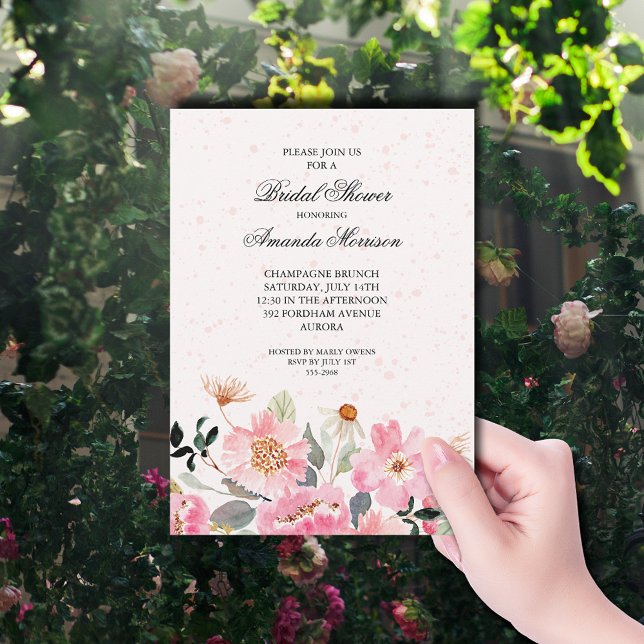 Invitación Flores de jardín rosado Ducha de novia (Watercolor pink garden flowers bridal shower invitations)