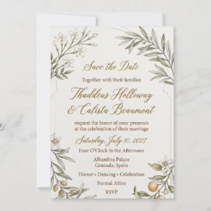 Invitación Flores de jazmín, ramas de olivo, naranjas cítrica