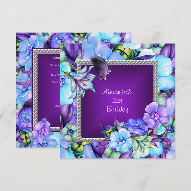 Invitación Flores de joyería de plata morada elegante Cumplea (Anverso / Reverso)