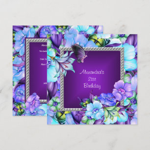 Invitación Flores de joyería de plata morada elegante Cumplea