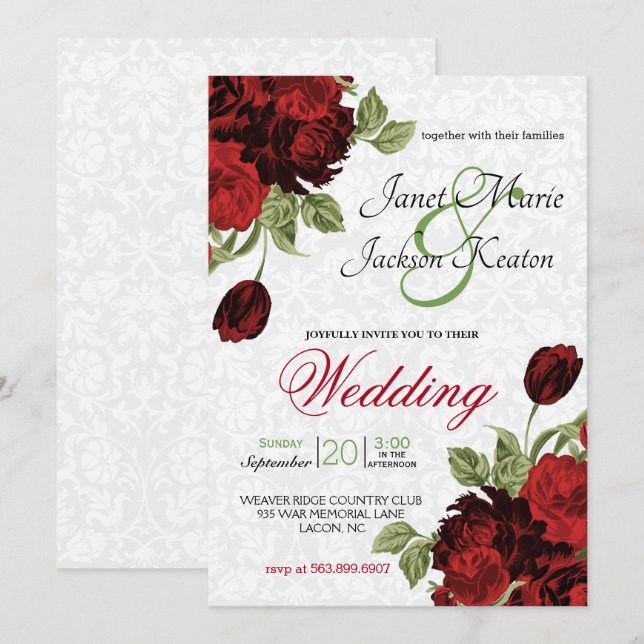 Invitación Flores de la boda roja oscura bonito (Anverso / Reverso)